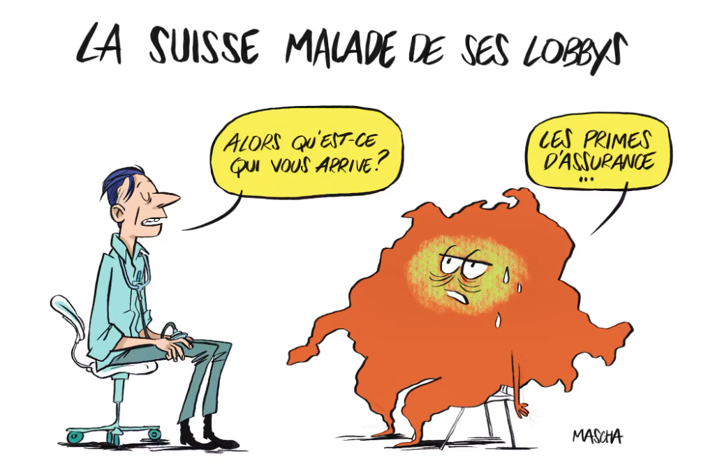 Illustration satirique d'un assureur menaçant un assuré accablé par les factures médicales